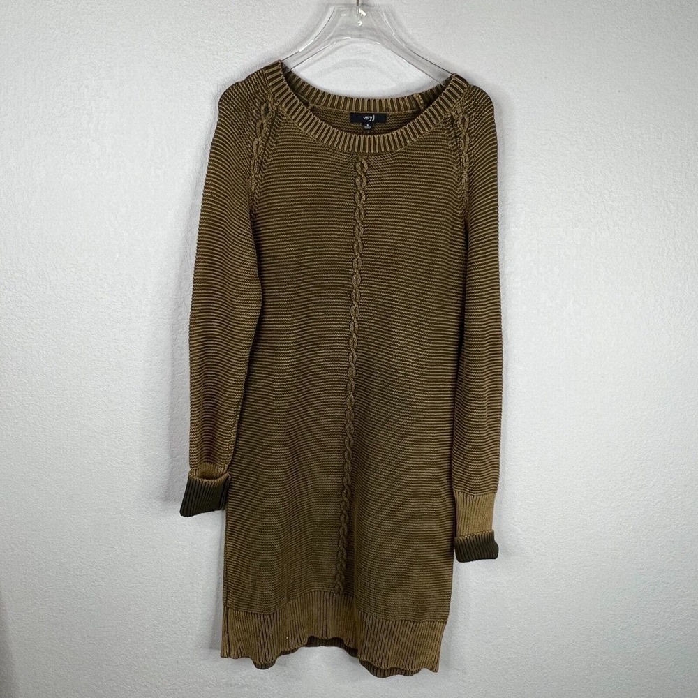 Very J Tunic Sweater Dress Size Small Olive Cable Knit Crewneck Pullover Cotton